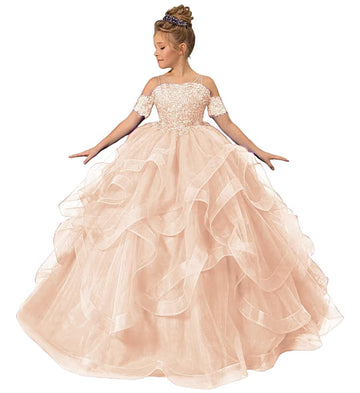 Zpvp Blush Pink Girls Pageant Dress Long Ruffles Princess Flower Girl Dress Beaded Appliques Tulle Wedding Party Costumes Us4