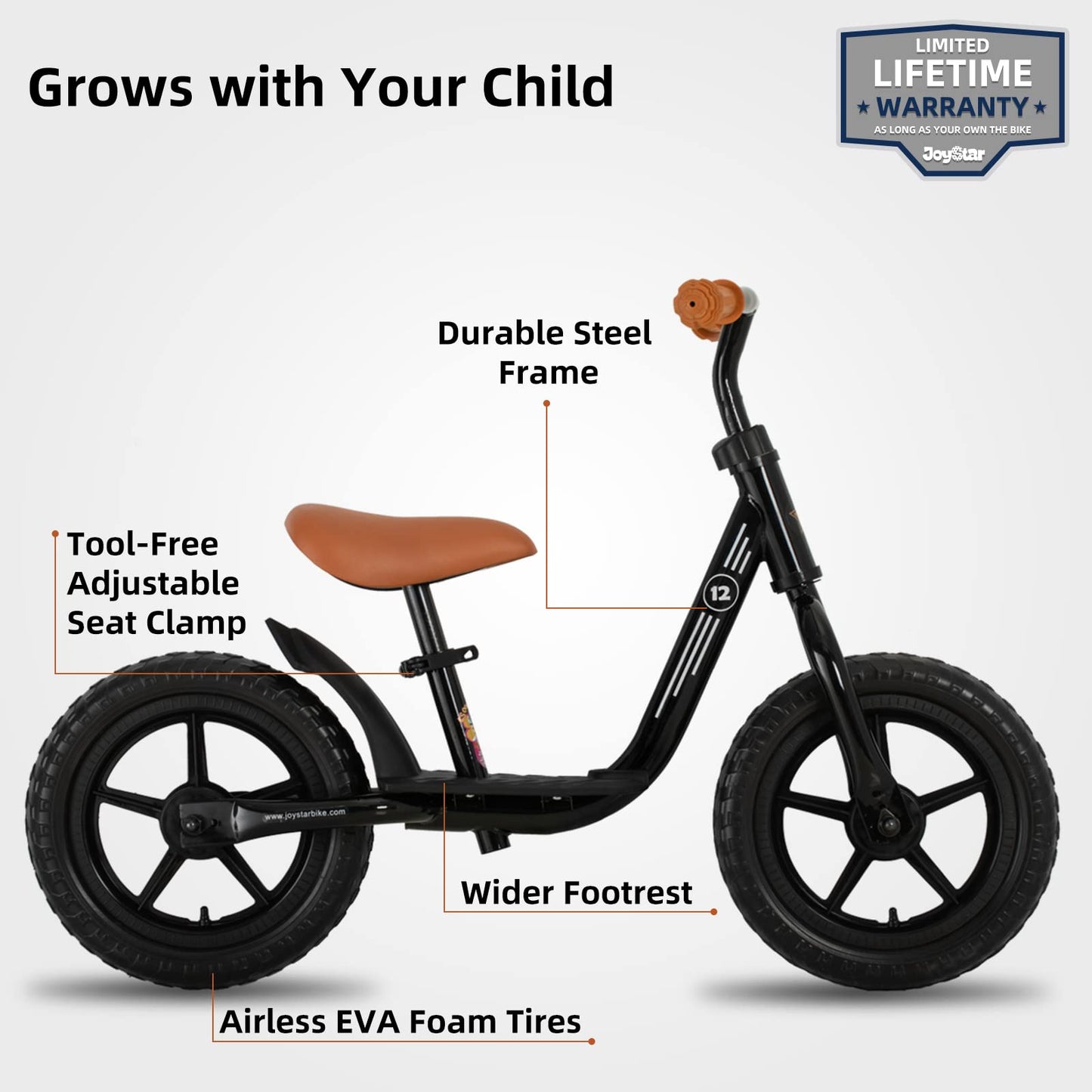 JOYSTAR 12 Inch Kids Balance Bike, Black, EVA Material, Model 2438930011, No Pedal Glider for 3-5 Year Olds, Perfect Birthday Gift