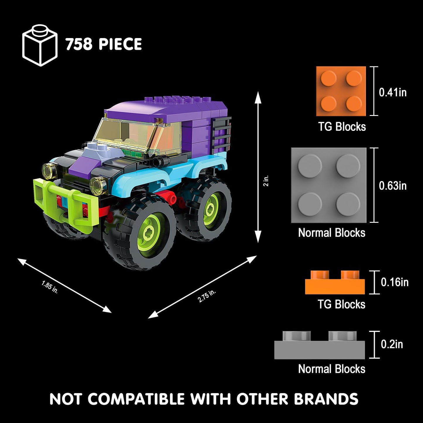 TG BLOCKS Monster Truck Micro Brick Building Toy for Boys and Girls, Pull Back Car Toys for Kids, DIY Building Toy, Gift Idea fo
