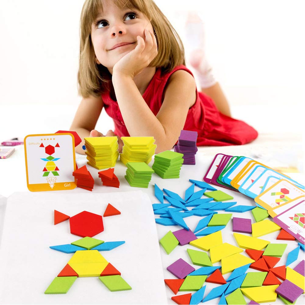 Lovestown 209 Pcs Wooden Pattern Blocks, Geometric Shapes Blocks Pattern Blocks With Cards Tangram Puzzles For Kids Educational Tangram Toys