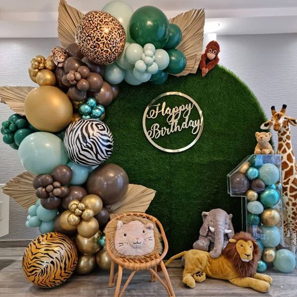 128Pcs Safari Jungle Balloon Garland Arch Kit- Sage Green And Brown Balloons With Animal Print For Wild One Tropical Theme Party
