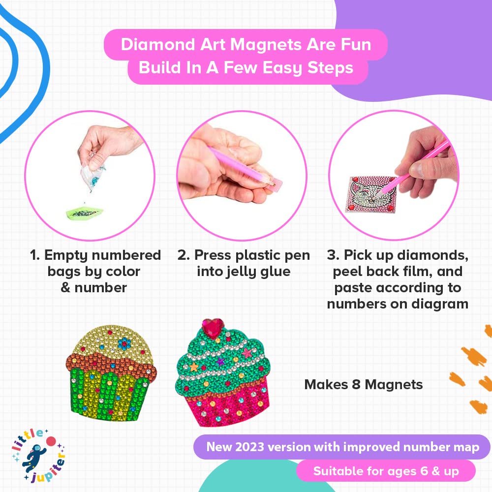 Little Jupiter Cupcake Diamond Art Magnets Set -2023 Ver W/ 8Pcs - Diamond Art Kits For Kids W/Diamond Art Stickers & Wood - Diamond Art Kits For Kids - Diamond Art For Kids - Diamond Art Kits