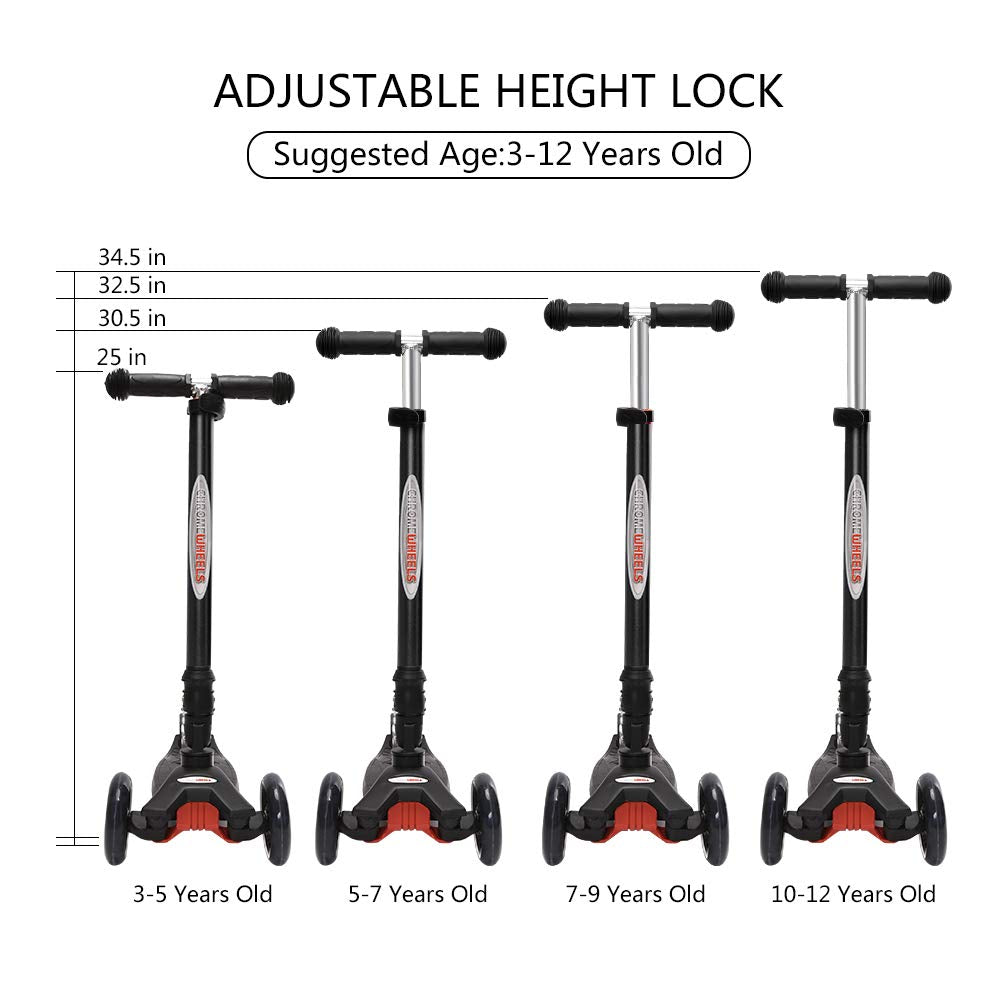 ChromeWheels Deluxe Kick Scooter for Kids, 3 Wheels, Foldable, 4 Adjustable Heights, LED Light-Up Wheels, Black, 132lbs Weight Limit