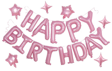 Pink Birthday Banner, 3D Mylar Foil Happy Birthday Balloons, 24Pcs Birthday Party Decorations With 6Pcs Star Balloons For Kids G