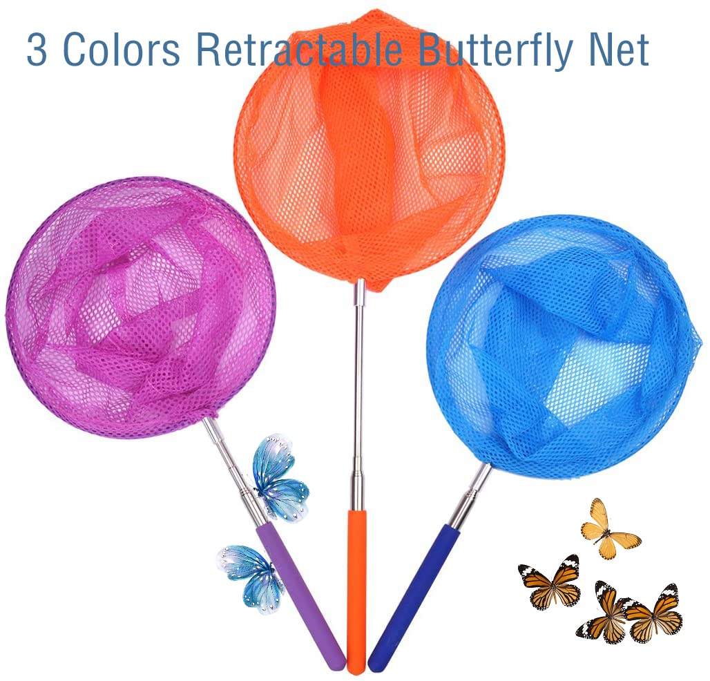Dewel Kids Telescopic Butterfly Fishing Nets Butterfly Catchers For Kids Insect Catching Nets Outdoor Tools For Catching Bugs Fish Insect,Pop Up Mesh Cage Tweezers And Pliers Kit Extendable 34 Inches