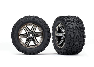 Traxxas 6773X - Rustler 4x4 Tires & Wheels,Unisex Assembled, glued (2.8') (RXT Black Chrome Wheels, Talon Extreme Tires, Foam In