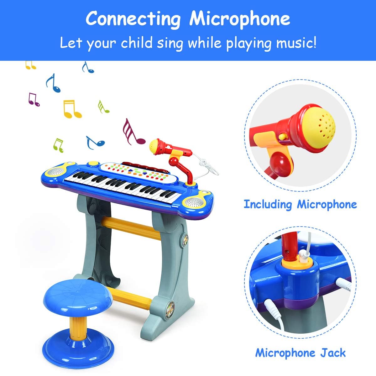 Honey Joy 37-Key Toy Piano Keyboard, Electronic Keyboard With Microphone, Stool, Teaching Functions, Record And Playback, Educational Instrument For Kids And Toddlers (Blue)
