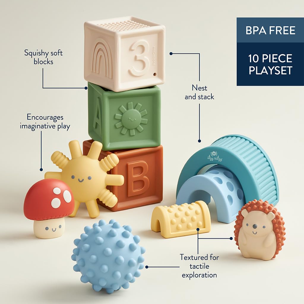 Itzy Ritzy Sensory Blocks Set - Baby Building Blocks 10-Piece Set - Baby Blocks Feature Soft Blocks & Textured Characters - Sensory Toy For Babies & Toddlers Aged 0 Months And Up