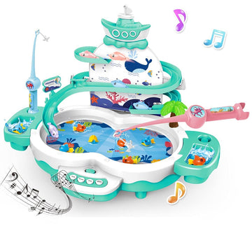Magnetic Baby Fishing Toy Set, 3 In 1 Fishing Game For Toddlers & Kids With Slideway & Music Story, 10 Fish, 3 Dolphins, 2 Toy F