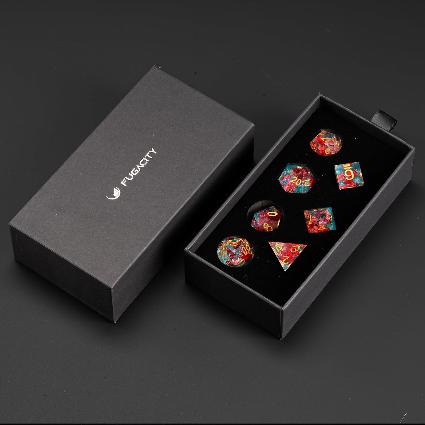 FugaCity 7-Piece Resin Polyhedral D&D Dice Set with Gift Case (Red Flower & Blue, Standard Size)