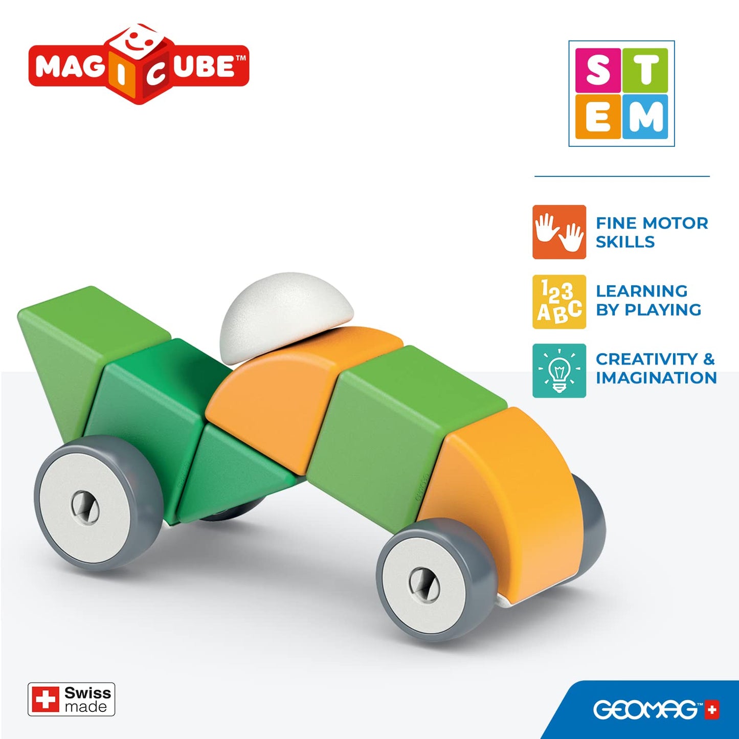 Geomag Swiss-Made Magicube 13-Piece Magnetic Shapes & Wheels Building Set, Cars & Characters, Stacking Blocks For Toddlers & Kid
