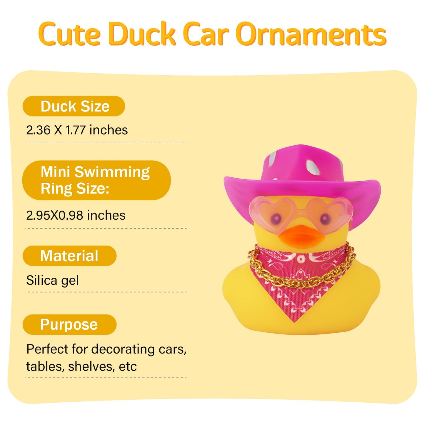 Wonuu Car Rubber Cowboy Duck, Yellow Ducks Decoration Dashboard With Cowboy Hat Necklace Sunglasses, Silver Spots Pink