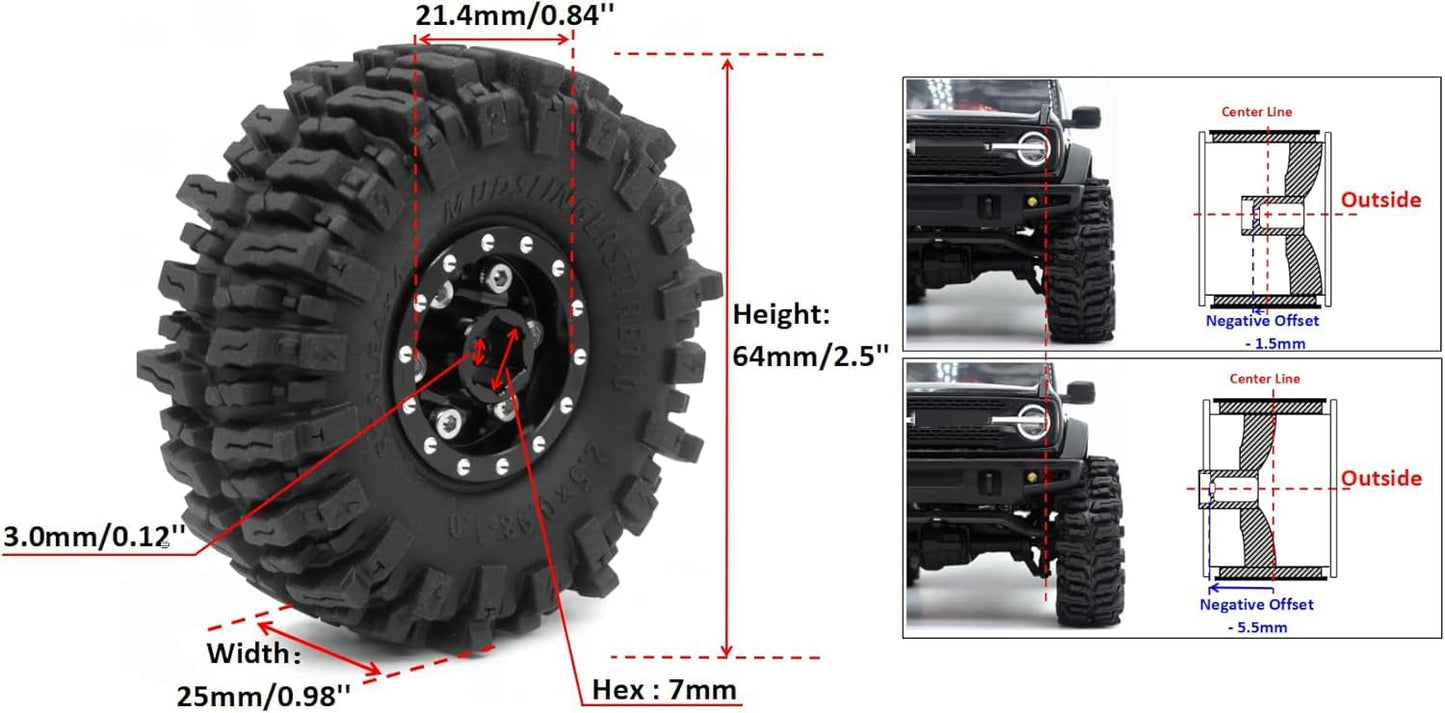 HOBBYSOUL 64mm tall 1.0 mud slingers tires and Adjustable Offset 1.0 beadlock wheels, 1.0 tires Heavy 1.0 beadlock wheels Rims F