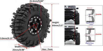 HOBBYSOUL 64mm tall 1.0 mud slingers tires and Adjustable Offset 1.0 beadlock wheels, 1.0 tires Heavy 1.0 beadlock wheels Rims F