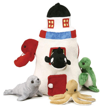 Plush Lighthouse With Animals - Five (5) Stuffed Sea Animals (Orca, Lobster, Sea Turtle, Seal, Octopus) In Play Lighthouse Carrying Case