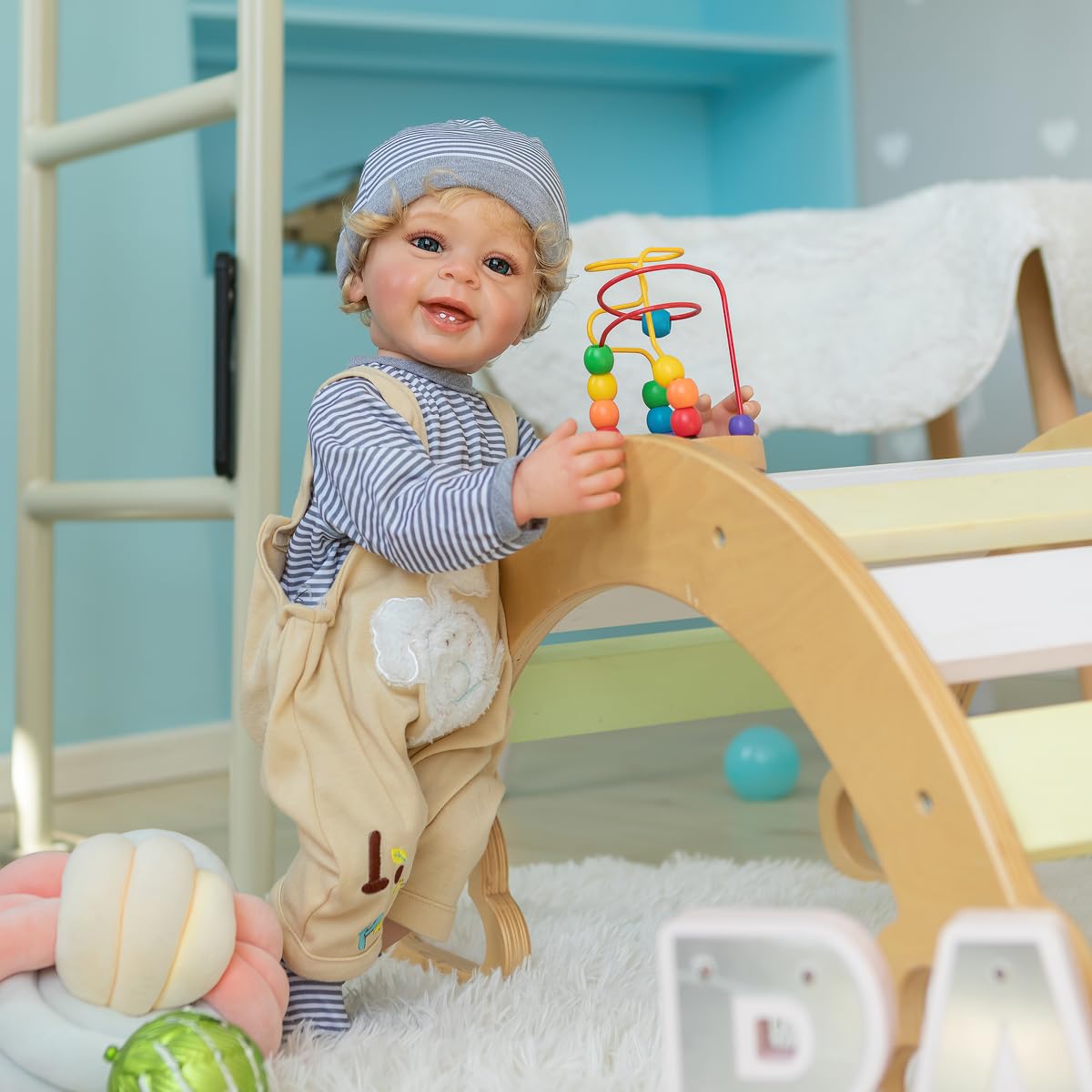 TERABITHIA 22 Inches Rooted Blond Curly Hair Lifelike Reborn Baby Doll Crafted in Silicone Vinyl Full Body Anatomically Correct Newborn Realistic Smiling Toddler Boy Dolls with Teeth Look Real