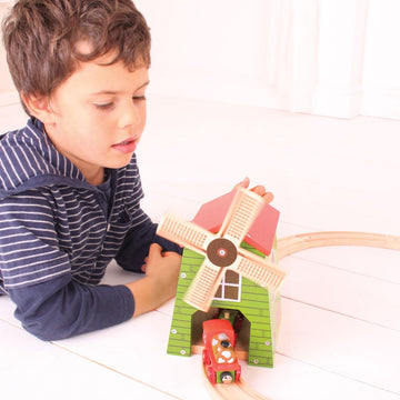 Bigjigs Rail Country Windmill Toy Train Tunnel - Bigjigs Train Accessories, Wooden Train Track Accessories, Windmill For Train Set, Trains For Kids