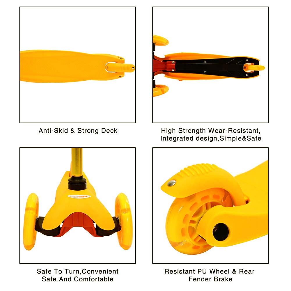 Chromewheels Scooter For Kids, Deluxe 3 Wheel Scooter For Toddlers 4 Adjustable Height Glider With Kick Scooters, Lean To Steer With Led Flashing Light For Ages 3-6 Girls Boys, Yellow