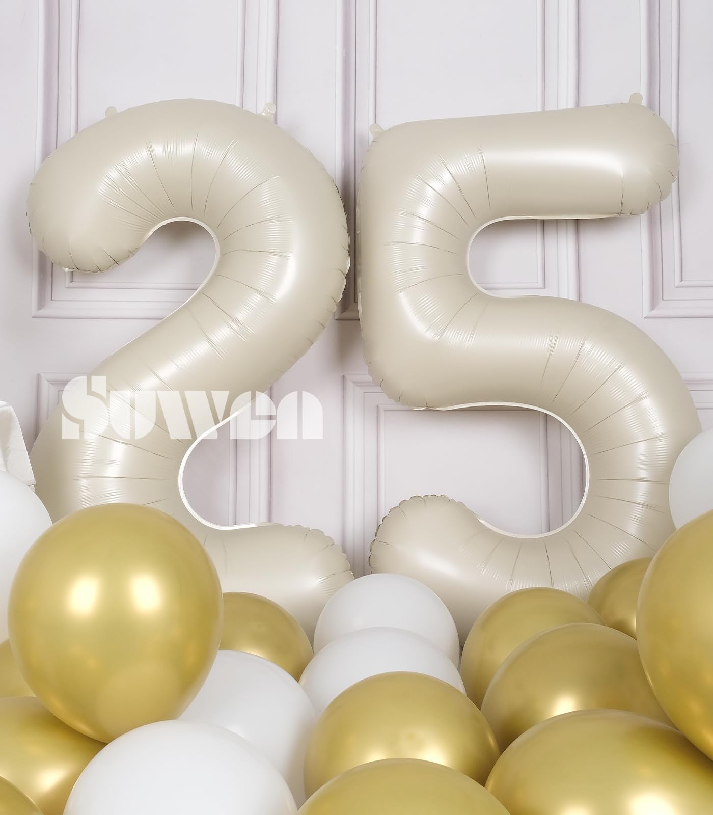 Suwen 40 Inch Large Cream White 25 Balloon Numbers Big Foil Helium Number Balloons 0-9 Jumbo Happy 25Th Mylar Birthday Party Dec