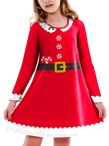 Christmas Santa Dress for Girl Long Sleeve Xmas Red Tshirt Dress Unique Ugly Swing Dresses 5-6 Years