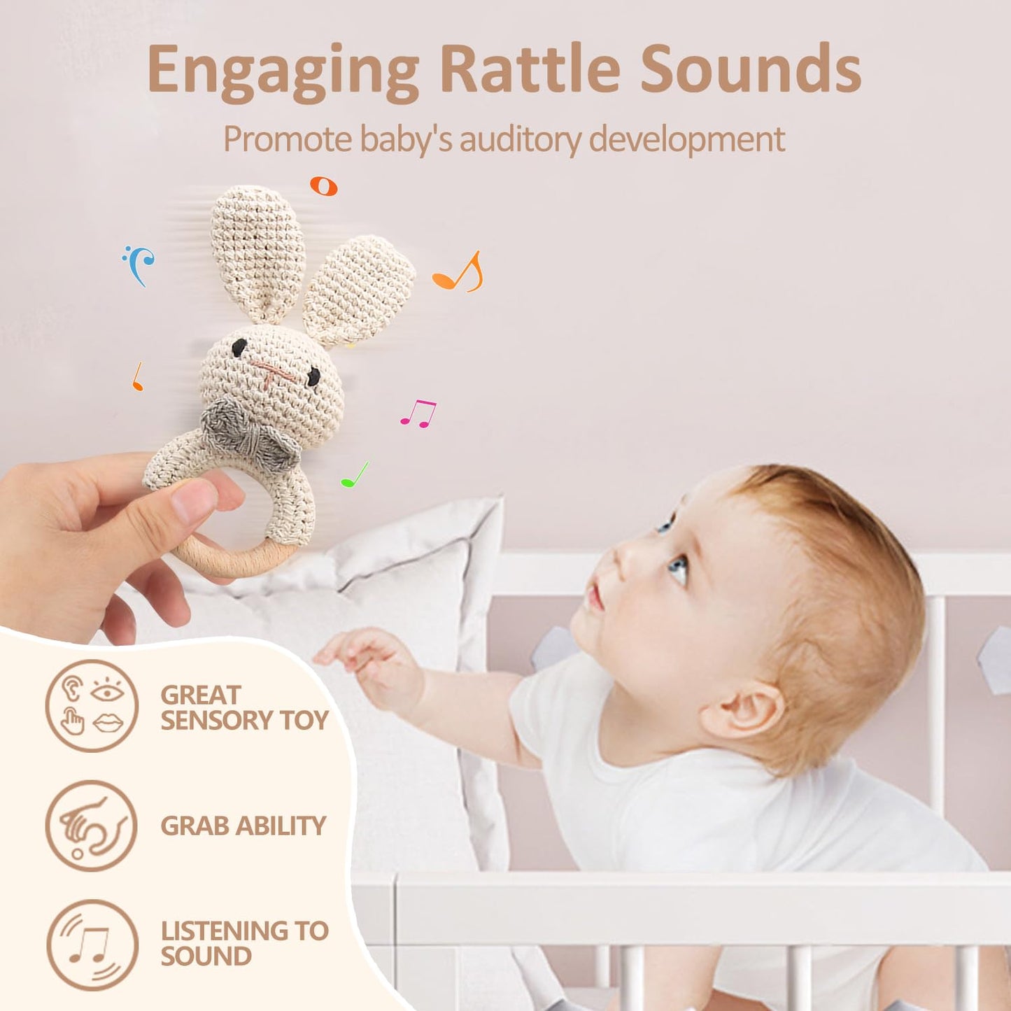 Wooden Baby Rattle, Handcrafted Crochet Bunny Rattles With Wooden Teething Ring, Beige Rabbit Newborn Toy Stuffed Animal Organic