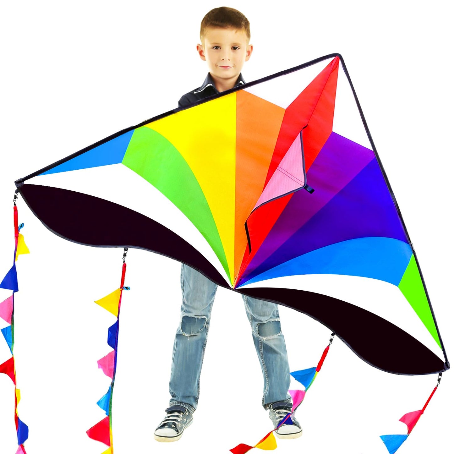 Kaiciuss Large Rainbow Delta Kite For Kids Easy To Fly, Huge Single Line Beach Kite For Adults, 55' X 28' Easy Flying Triangle Kite Comes With 300 Ft String Kite Handle
