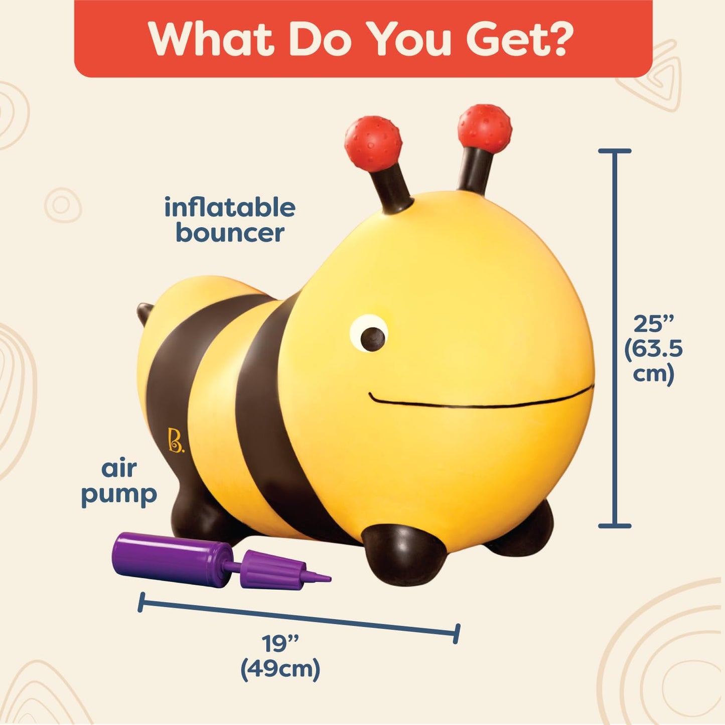 B.Toys - Inflatable Bee Bouncer Ride-On Toy With Air Pump - Toddler Toys For Balance & Motor Skills - Kids Bouncing Seat With Easy-Grip Antennae - Safe Indoor Active Play, Ages 18 Months+