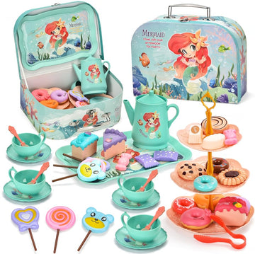 Motiloo 44Pcs Mermaid Tea Party Set For Little Girls, Pretend Plastic Teapot Set With Metal Carrying Case - Princess Tea Time To
