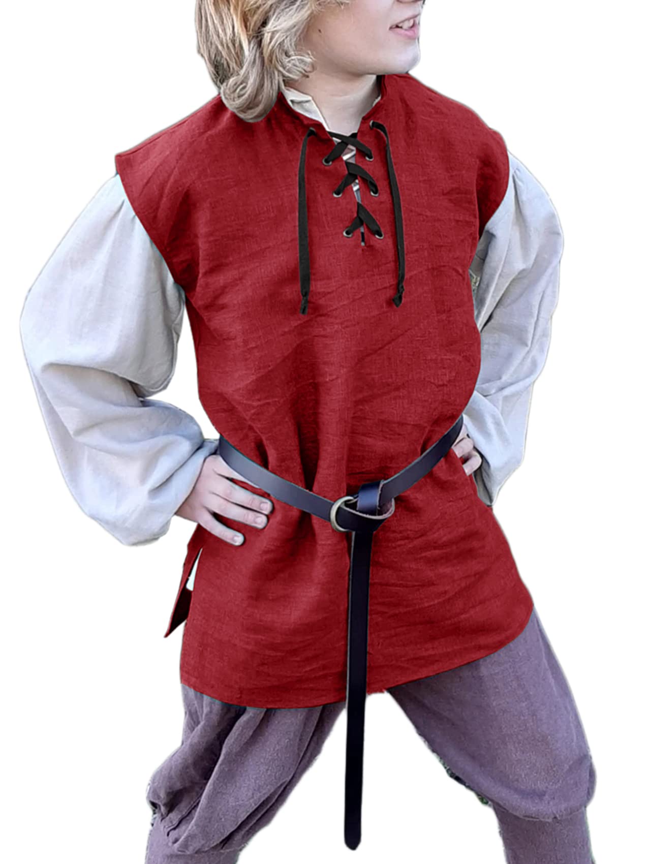Boys Renaissance Pirate T Shirts Viking Medieval Sleeveless Lace Up Costume Scottish Cotton Tank Tops Red