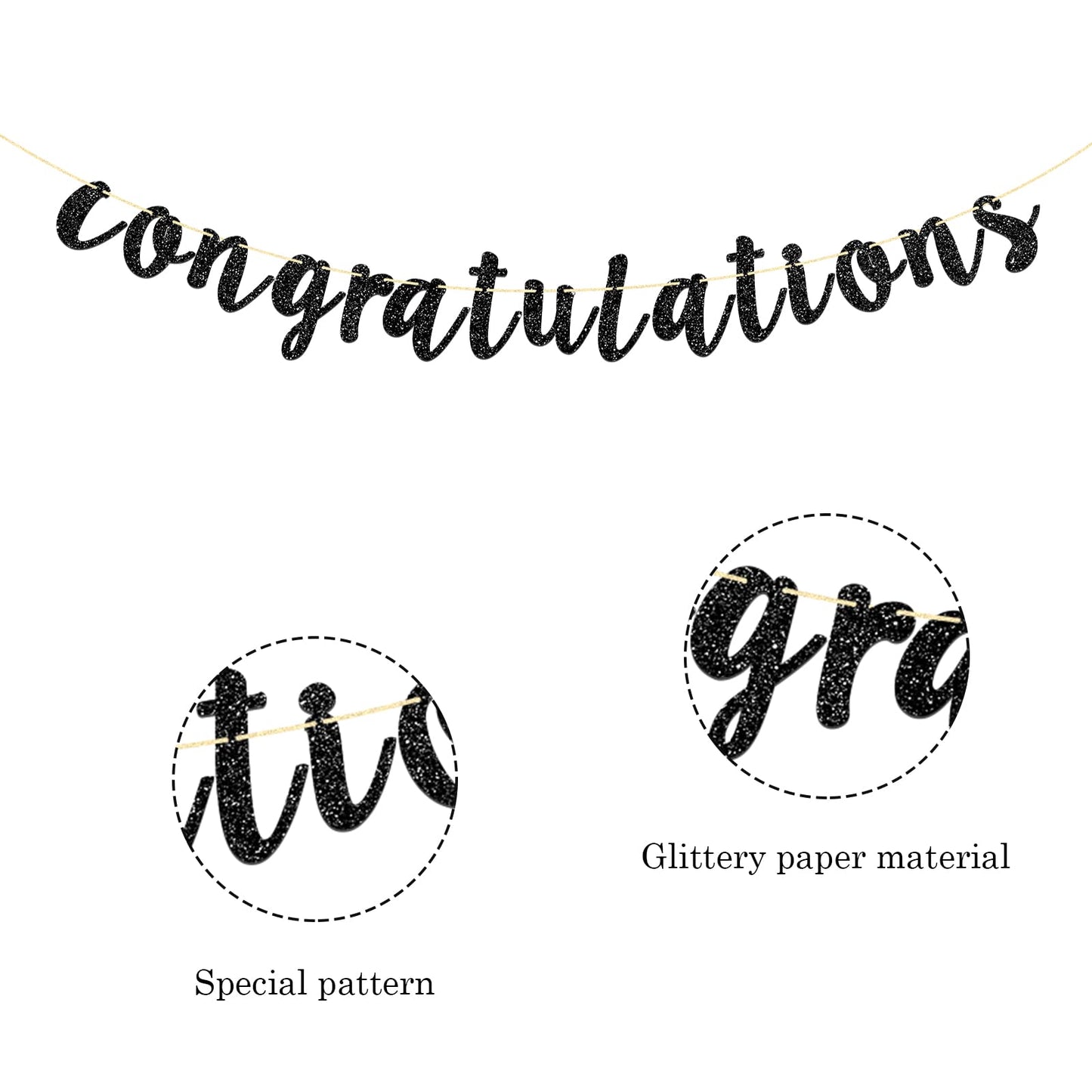Black Glitter Congratulations Banner for Wedding, Anniversary, Graduation, Congrats Master Bunting, Retirement Party Decorations