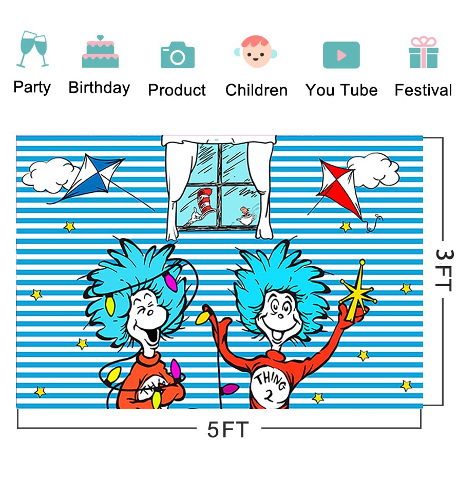 Blue Stripes Backdrop Party Supplies Birthday Theme Photo Background Cat in The Hat Banner for Birthday Party Caketable Decorati