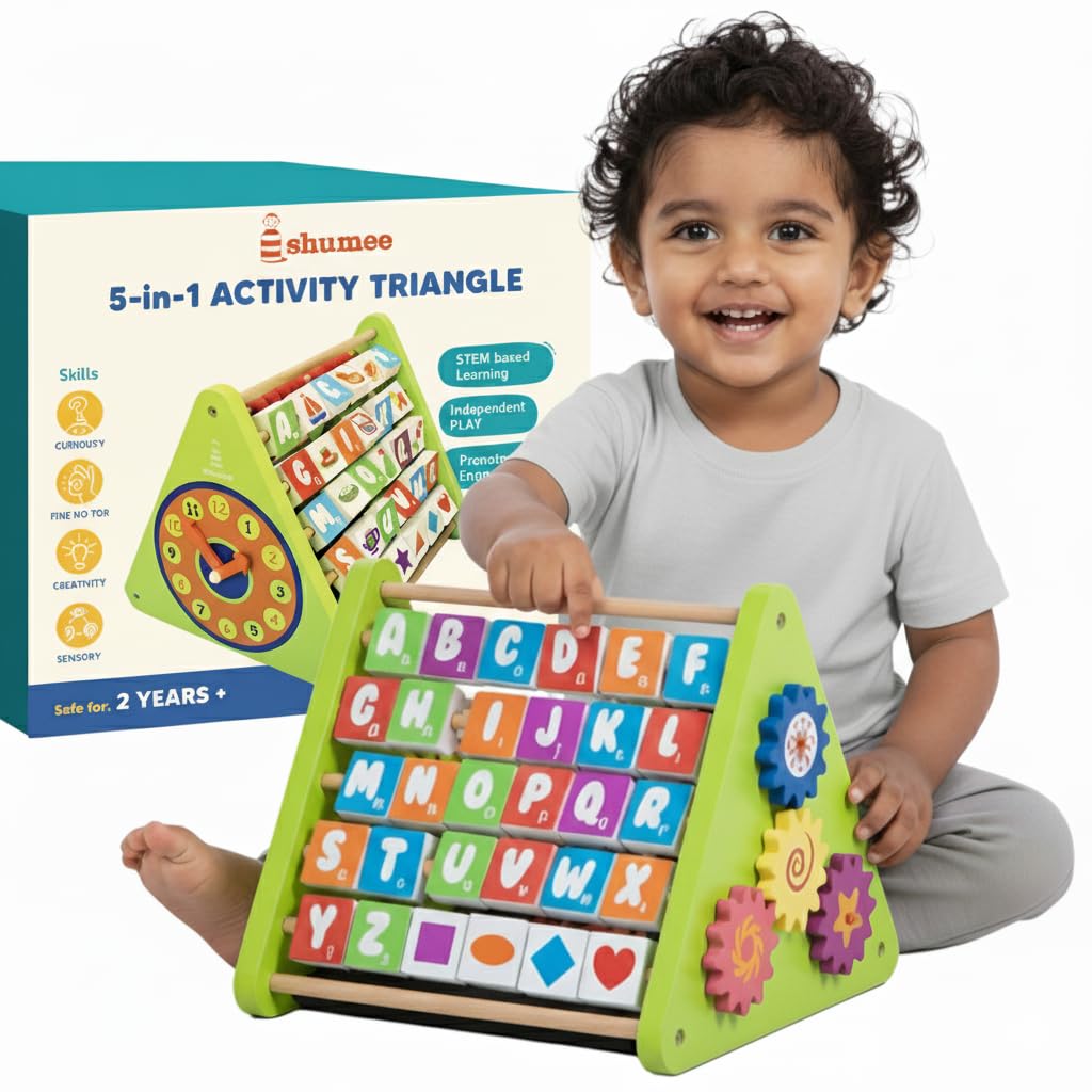 Shumee 5In1 Wooden Stem Activity Triangle For Kids | Learning Toy With Abacus, Alphabet, Numbers & Clock | Educational Montessor