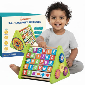 Shumee 5In1 Wooden Stem Activity Triangle For Kids | Learning Toy With Abacus, Alphabet, Numbers & Clock | Educational Montessor