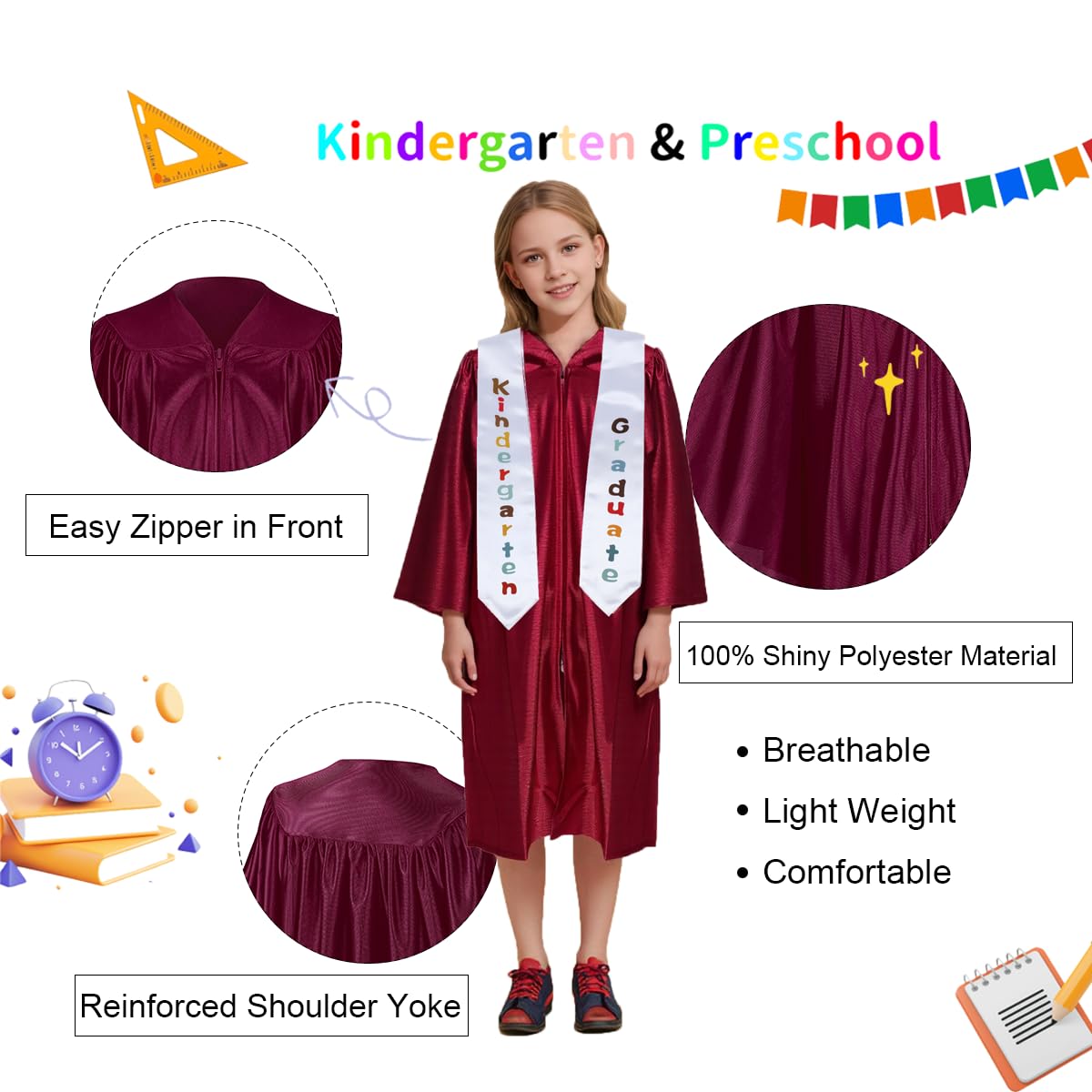 Newrara Kindergarten Graduation Cap And Gown Stole Package For Kids (Maroon, 30)