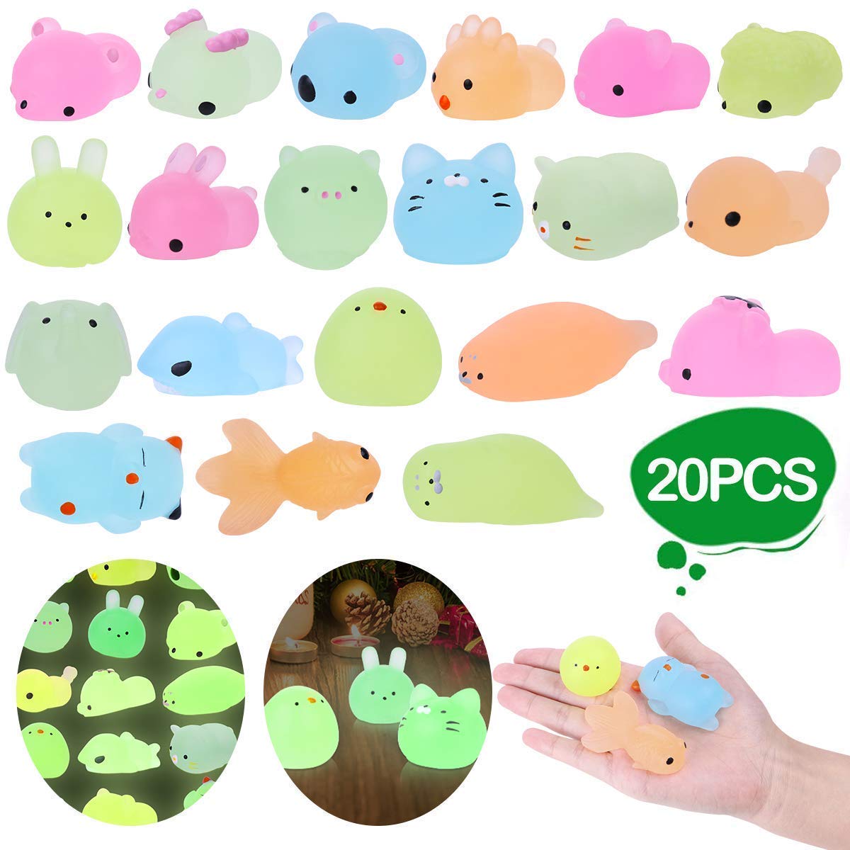 Leehur Mochi Glitter Squishies 20Pcs Glow In The Dark Animals Squishy For Kids Party Favors Squeeze Sensory Toys Kawaii Easter Egg Fillers Basket Stocking Stuffers Goodie Bag Classroom Prizes(Random)