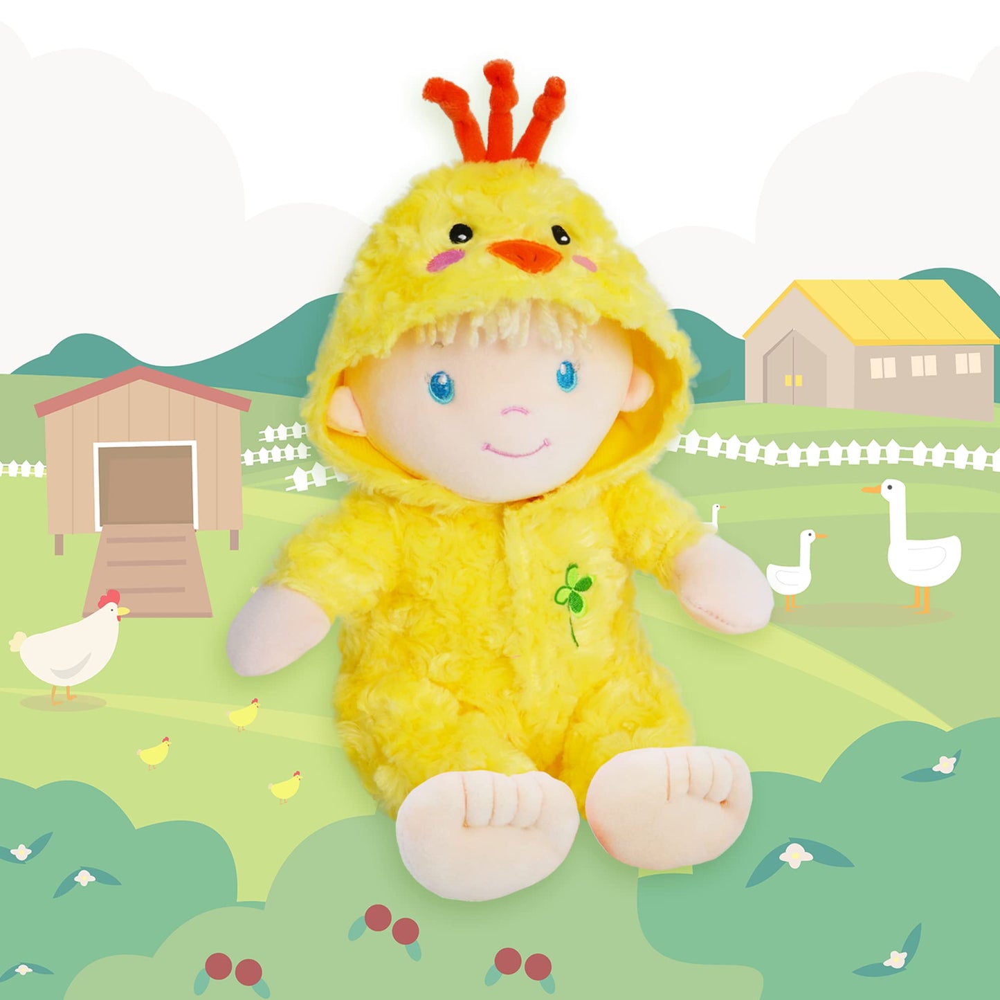 June Garden 12' Sweet Dolly Cheerful Chicky - Stuffed Ultra Soft Baby Doll For Birth And Up - Adorable Chicken Outfit