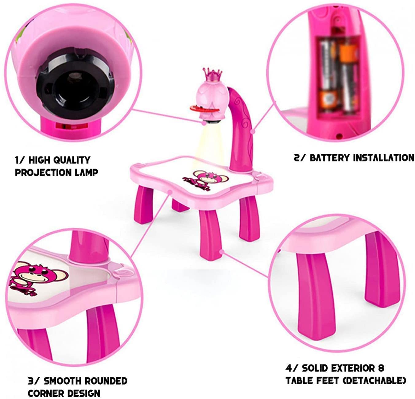 2Pcs/Set Drawing Projector For Kids With Flashlight Slide Projector, Projector Drawing Table For Kids Tracing With Light Music Sketcher Desk For Early Art Learning Games Gifts (Pink)