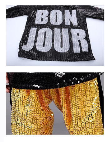 Lolanta Kids Dance Costume Boys Girls Sequins Hip Hop Clothes 80S 90S Outfits Shiny Dress Up Dancewear(Gold,12-14)