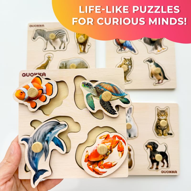 Quokka Wooden Puzzles For Toddlers 1-3 – 4 Set Pegged Puzzles For Kids Ages 2-4 – Animal And Birds Learning Toy For Kids – Gift Realistic Educational Game For Boy And Girl