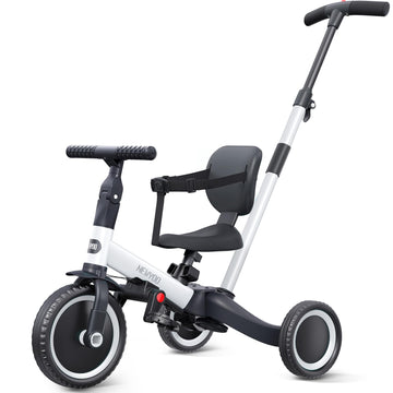 newyoo Toddler Bike - 4 in 1 Tricycle for 1-3 Year Olds, White, Carbon Steel, Model TR007, with Parent Handle & Removable Pedals