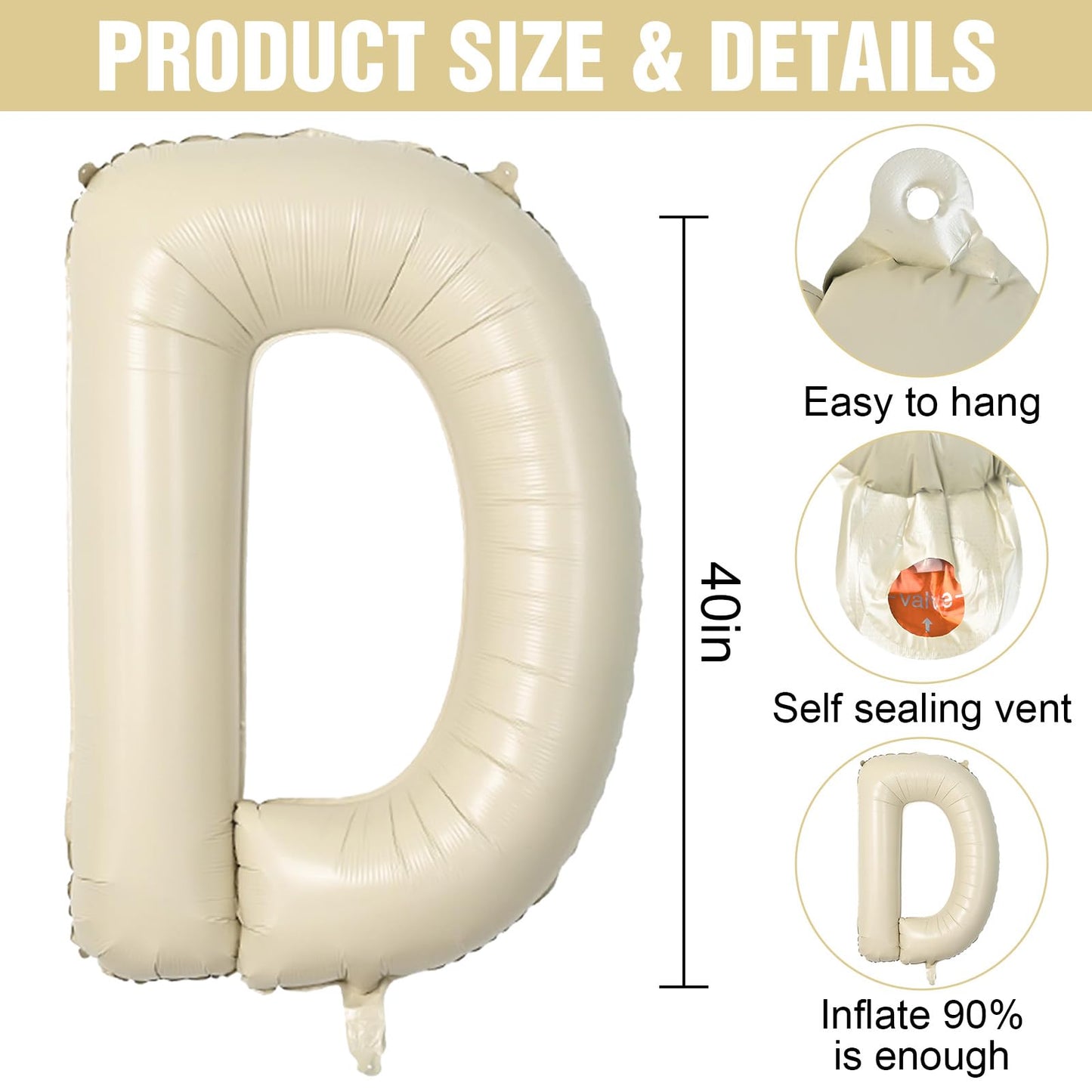 Letter Balloons Beige,40 Inch Letter D Balloons,A-Z Alphabet Name Foil Balloons,Big Single Cream Aluminum D Word Balloons Helium