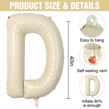 Letter Balloons Beige,40 Inch Letter D Balloons,A-Z Alphabet Name Foil Balloons,Big Single Cream Aluminum D Word Balloons Helium