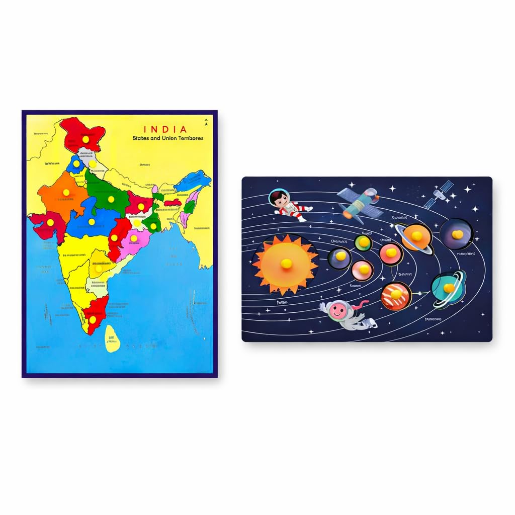 India Map And Solar System Wooden Knob Puzzle Combo For Kids, Montessori Educational Toy, Pack Of 2, Age 3+