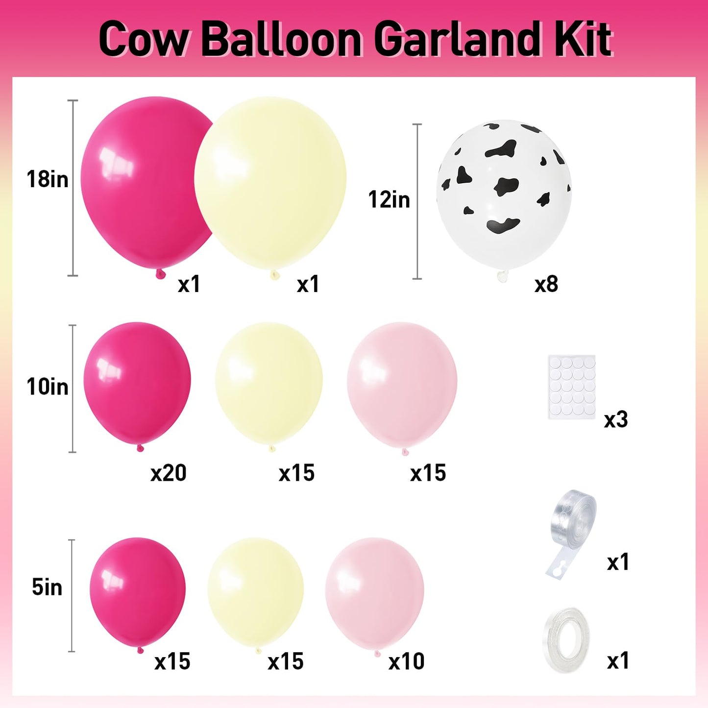 Gresatek Cowgirl Pink Balloon Garland Arch Kit, Rose Red Macaroon Yellow Balloons Decorations With Cow Printed Latex For Girls B