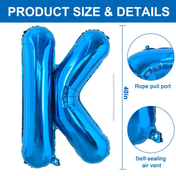 Toniful 40 Inch Large Blue Letter K Balloons Giant Alphabet Letter Balloons,Foil Mylar Big Balloons For Birthday Party Anniversa