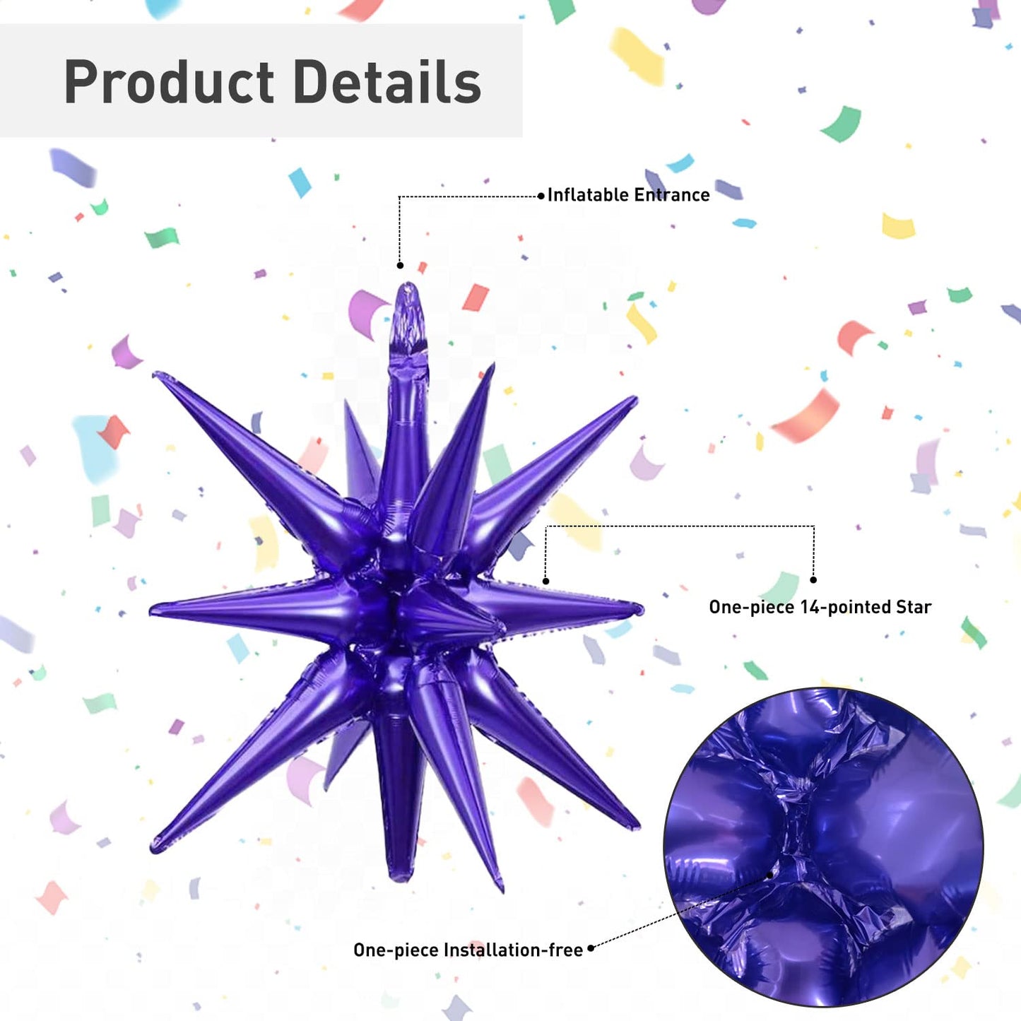 6 Pcs Purple Star Foil Balloons One-Piece 14-Pointed Star Balloons 4D Starburst Cone Mylar Balloons 22Inch Christmas Birthday We