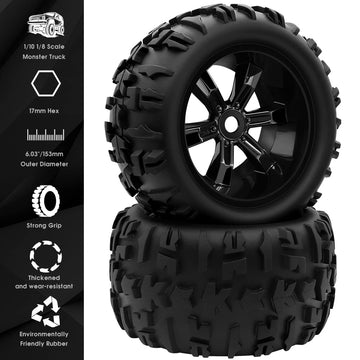 GLOBACT Pre-Glued 1/8 1/10 17mm Hex RC Monster Truck Wheels & Tires, Black, Foam Inserts, Compatible with TRX ERevo, T