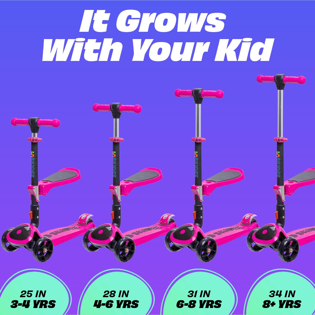 SKIDEE Kick Scooter for Kids Ages 3-5 | Foldable 3 Wheel Scooter with Lean-to-Steer, Adjustable Height, Removable Seat & LED Lig