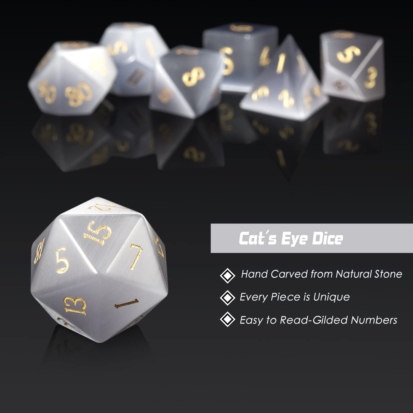 DNDND Cat's Eye Gemstone Dice Set 7 PCS Crystal DND Dice with Grogeous Gift Case for Dungeons and Dragon D&D Tabletop Game (Grey