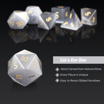 DNDND Cat's Eye Gemstone Dice Set 7 PCS Crystal DND Dice with Grogeous Gift Case for Dungeons and Dragon D&D Tabletop Game (Grey